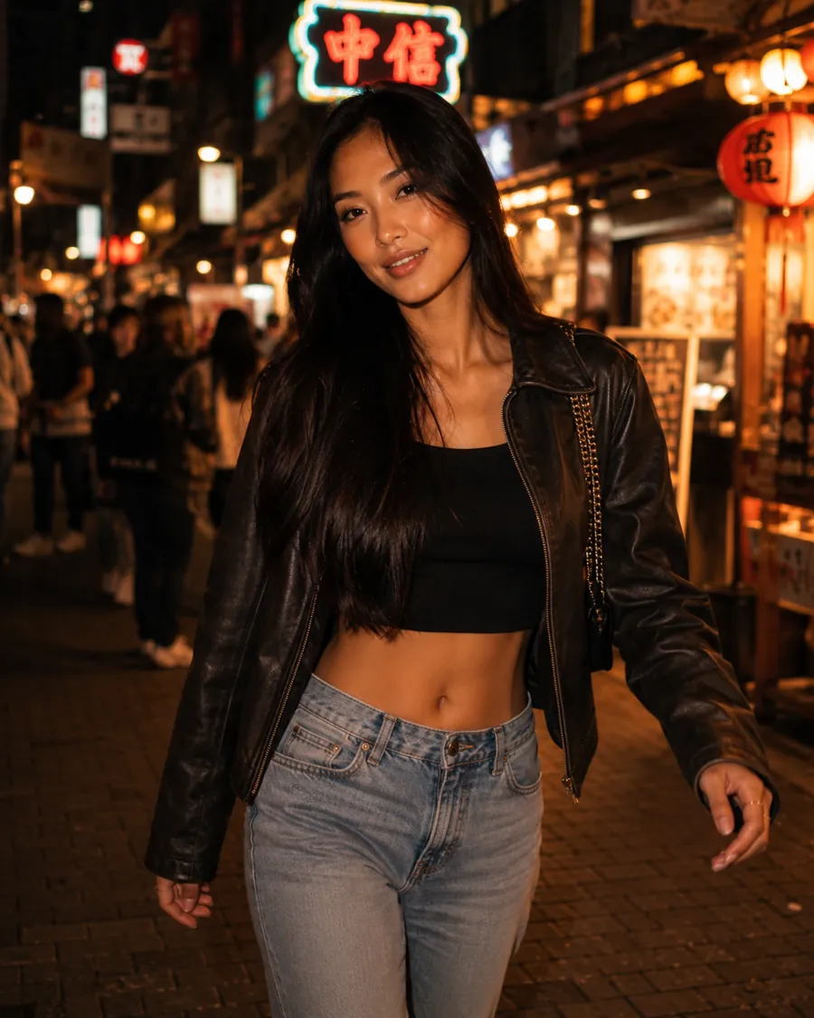 AkaMe template showcase — creator page design with a night-market photo of a woman in a leather jacket
